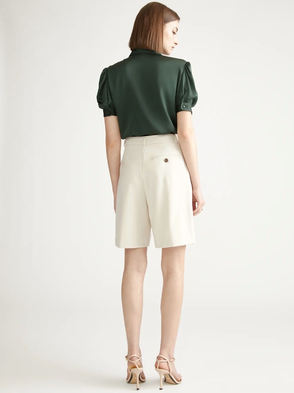 Quince Washable Stretch Silk Puff Sleeve Blouse. Forest Green. Small. - Picture 2 of 7